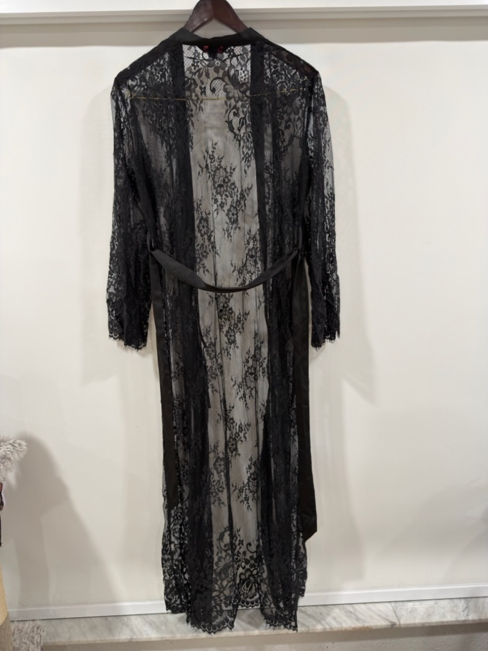 Sheer Black Lace Long Robe with Waist Tie